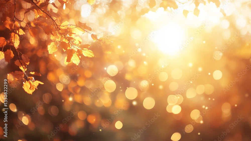 Poster a blurred golden-orange light effect with defocused bokeh and tree-filtered sunlight, evoking an aut