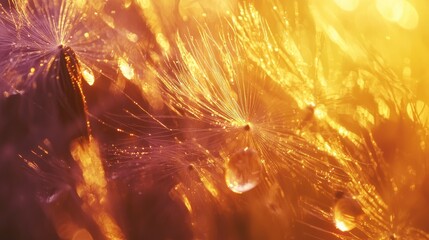 Fototapeta premium Dandelion seed head with water droplets, backlit with warm light.
