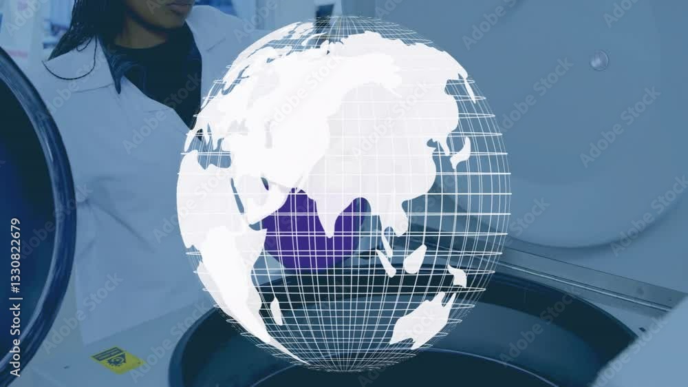 Poster scientist working with centrifuge over rotating globe animation in laboratory