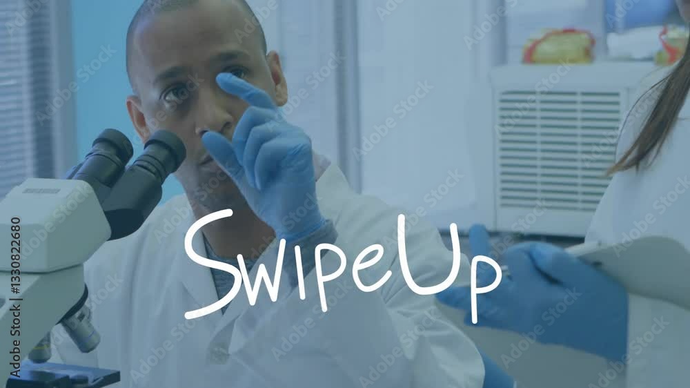 Poster in school lab, scientist gesturing near microscope with animation overlay