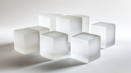 Seven frosted glass cubes arranged on a white background.