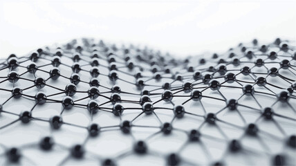 Close-up view of an abstract three-dimensional representation of a network.  The image shows numerous small, dark-colored nodes interconnected by thin, light-colored lines, forming a complex mesh