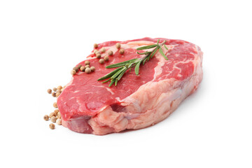 Piece of raw beef meat and spices isolated on white