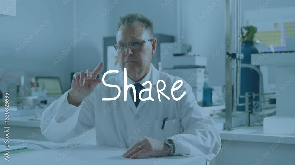 Poster in laboratory, scientist in lab coat gesturing with share text overlay animation