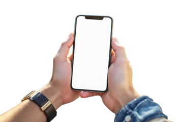 Hands holding a modern smartphone with a blank white screen, isolated on a white background. Concept of mobile device, app design, and digital mockup. Ai generative