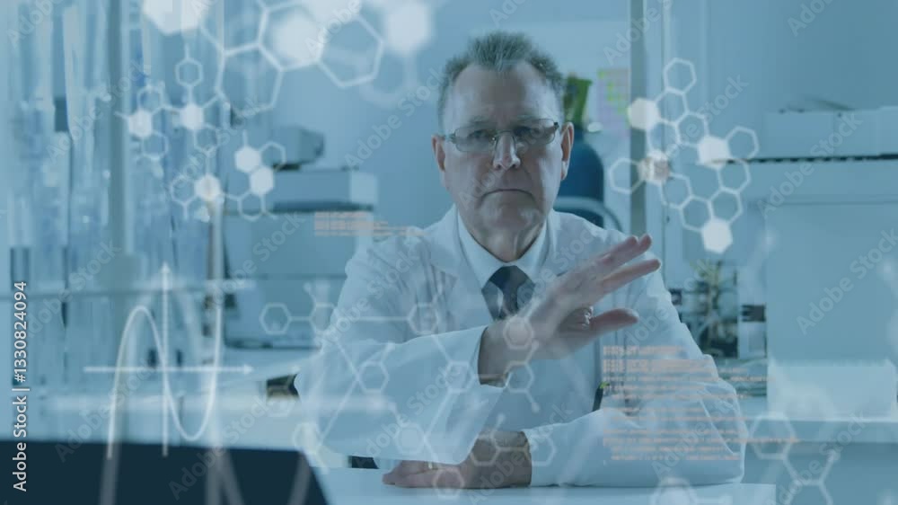 Poster interacting with digital animation, scientist exploring hexagonal patterns and data