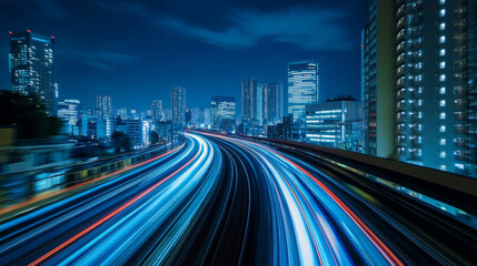 Fototapeta premium A cityscape captured in motion, with streaks of blue light rushing along a rail track in Tokyo, representing speed and urban energy