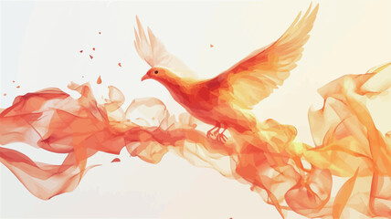 An abstract digital painting depicts a dove in flight, rendered in shades of orange and yellow. The dove appears to be composed of or surrounded by flame-like, translucent brushstrokes. The
