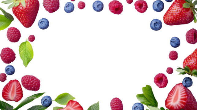 Frame of fresh strawberries, raspberries, and blueberries with green leaves on transparent background