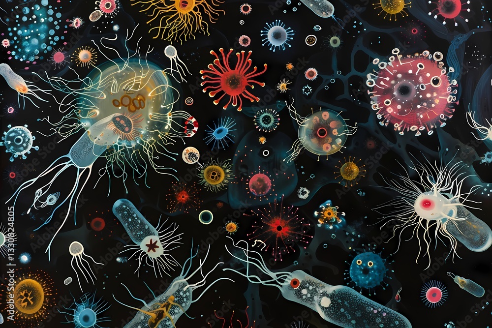 Poster colorful microorganisms and viruses floating in dark space. microscopic view of diverse pathogens. b