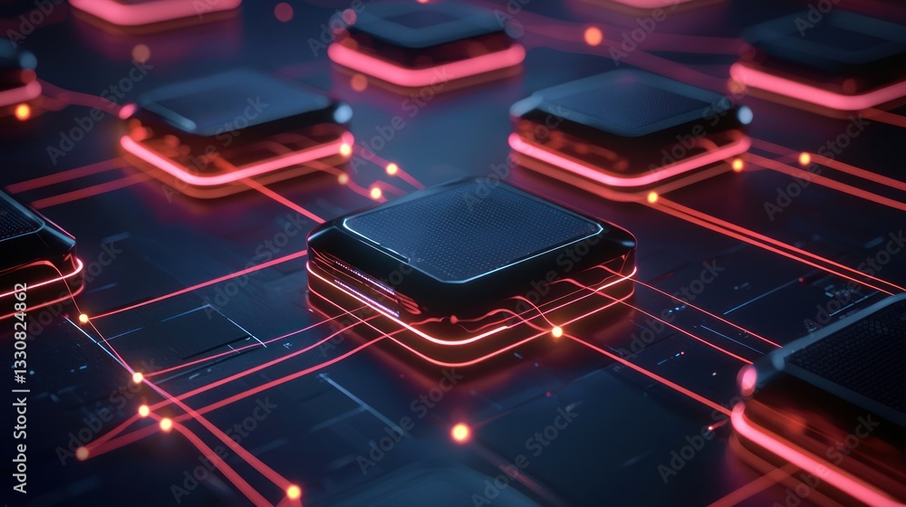 Poster abstract visuals of cloud icons connecting multiple devices with glowing lines