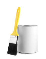 Closed can of paint and brush isolated on white