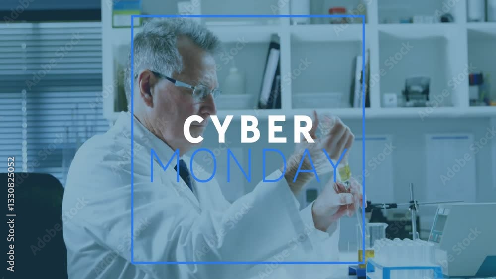Poster animation of cyber monday text overlay while scientist working in lab