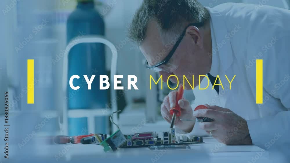 Poster working on electronics, man in lab coat with cyber monday animation