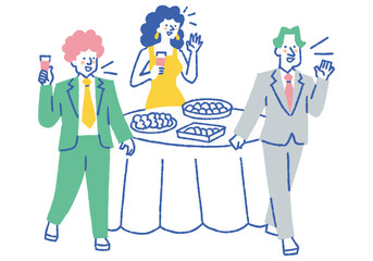 Three men and three women greeting each other at a party_Color