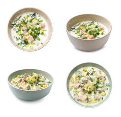 Delicious okroshka soup with kefir in bowls on white background, collage. Top and side views