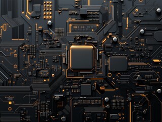 Futuristic microchip circuit board with illuminated lines and components on black background