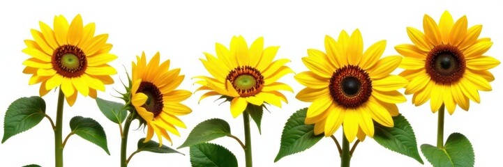 Obraz premium Vibrant sunflowers isolated on pure white backdrop, botanical, studio shot