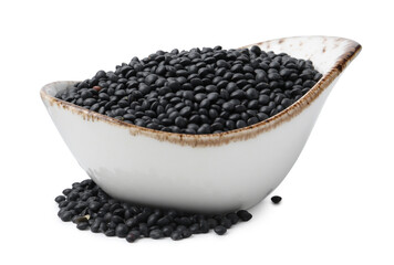 Raw lentils in bowl isolated on white