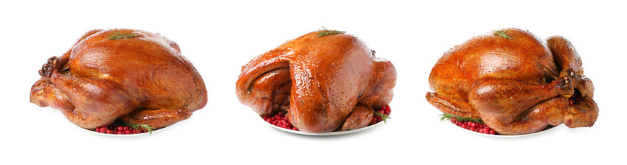 Delicious baked turkey with cranberries and rosemary on white background, different sides. Collage