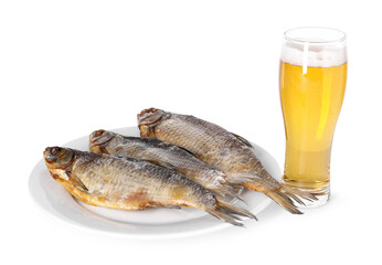 Glass of beer and dried fish isolated on white