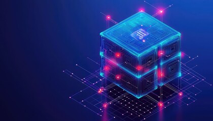 A futuristic digital representation of a microchip, surrounded by glowing particles, symbolizing advanced technology and data processing.