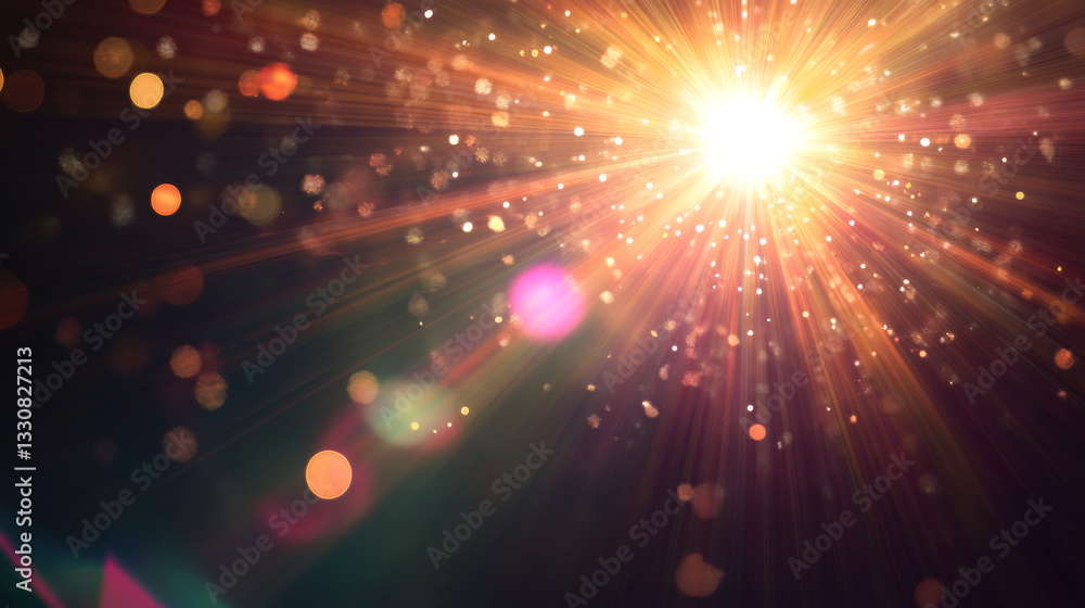 Poster a digital lens flare effect with a radiant sunburst, creating an overlay-friendly design with irides