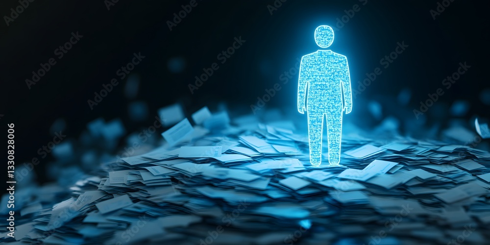 Poster glowing digital figure emerging from a data matrix