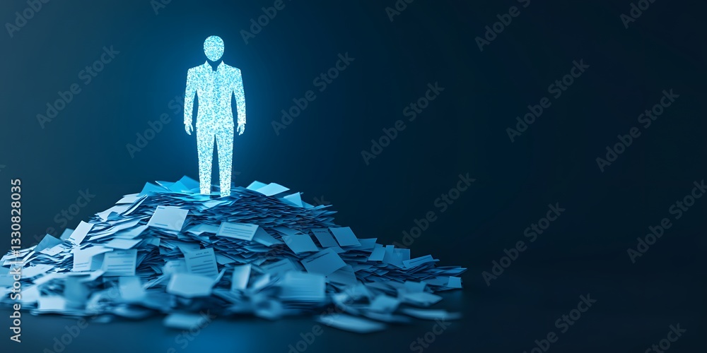 Poster glowing digital figure emerging from a pile of fragmented data