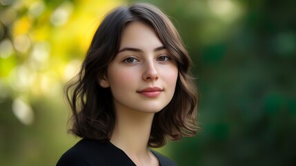 Naklejka premium Serene Beauty in Nature: A captivating portrait of a young woman with gentle smile, soft skin and shoulder length hair in a lush green setting, celebrating natural beauty.