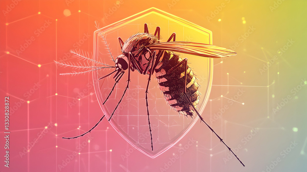 Poster a minimalist design with a clean vector-style mosquito illustration enclosed in a shield, representi