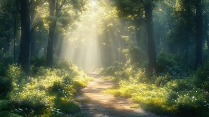 Obraz premium A scenic path through a lush summer forest with sunlight streaming through the green trees creating a serene atmosphere