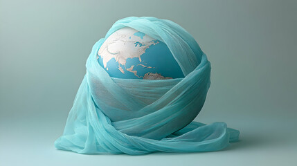 A minimalist malaria prevention poster featuring mosquito net fabric wrapped around a globe, symbolizing global protection, in a soft and clean layout
