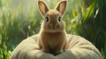 Fototapeta premium Adorable baby bunny sitting on a soft cushion in a sunlit meadow.