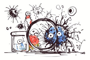 Cartoon microorganisms and germs in petri dish. Bacteria and virus illustration. Microbiology and infectious disease concept. Science education and medical research drawing