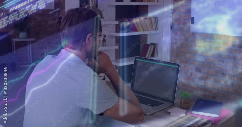 Poster man working on laptop with digital data processing animation overlay