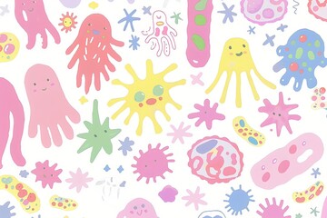 Cute microorganism pattern for kids education. Colorful bacteria and virus cartoon illustration on white background. Science learning concept for children
