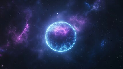 Obraz premium Vibrant cosmic sphere surrounded by a colorful nebula in deep space.