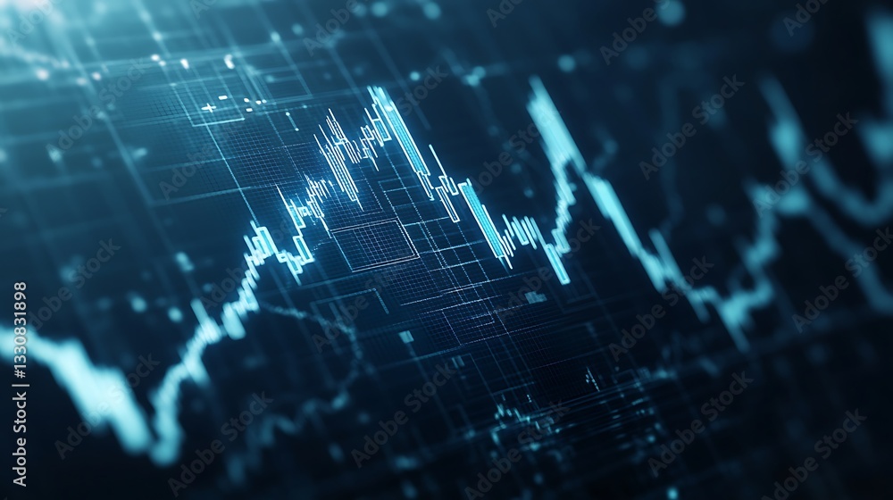 Poster Digital financial graph with fluctuating lines and data visualization elements.