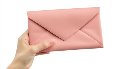 Hand holding a pink envelope.