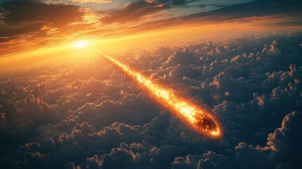 Airplane gliding through the clouds in a bright sunrise sky illuminated with glowing light and color
