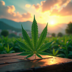 cannabis leaf on wooden table