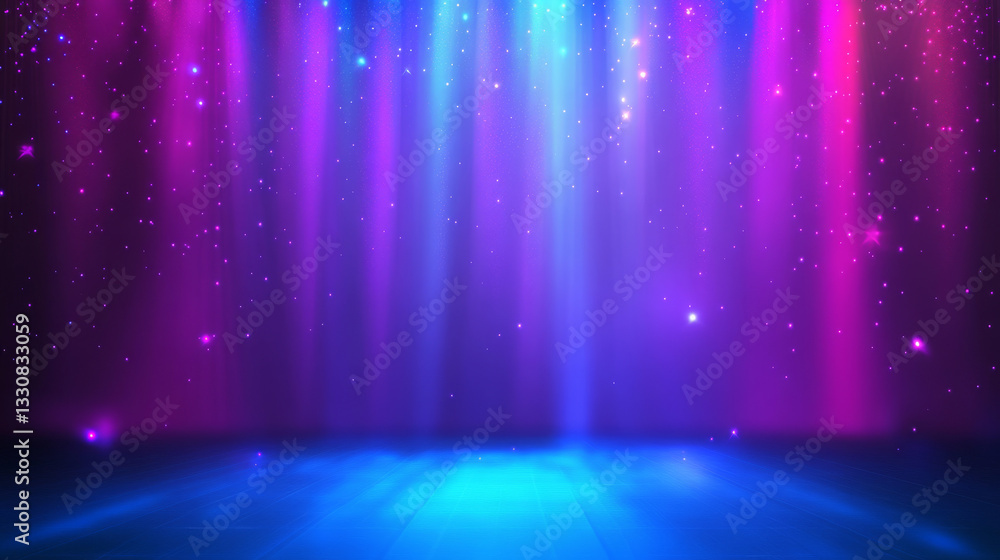 Poster a studio backdrop with a gradient of blue and purple neon lights, emanating from the floor to create