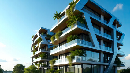 Obraz premium Modern Architectural Design Luxury Apartment Building Exterior Facade Contemporary Residential Structure Cityscape Waterfront Property Real Estate 