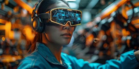 Female engineer wearing augmented reality smart glasses and headphones, working in a high-tech automated factory