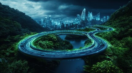 Futuristic Highway in Green Jungle with Urban Skyline at Night
