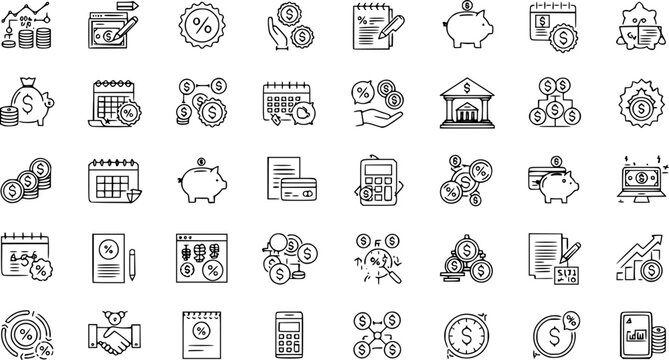Loan and Credit thin line icons set. Mortgage, credit rating, calculator editable stroke icon. Vector
