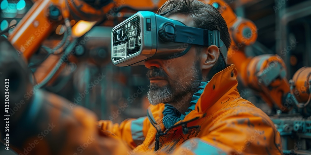 Poster engineer using a vr headset to operate robotic arms in a high-tech automated factory, wearing an ind