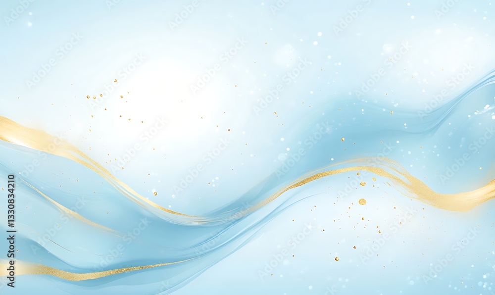 Poster soft blue abstract background with flowing lines and golden accents, evoking tranquility and eleganc