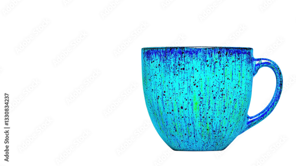 Poster a vibrant blue mug with a textured surface, showcasing an array of colors that create a striking vis